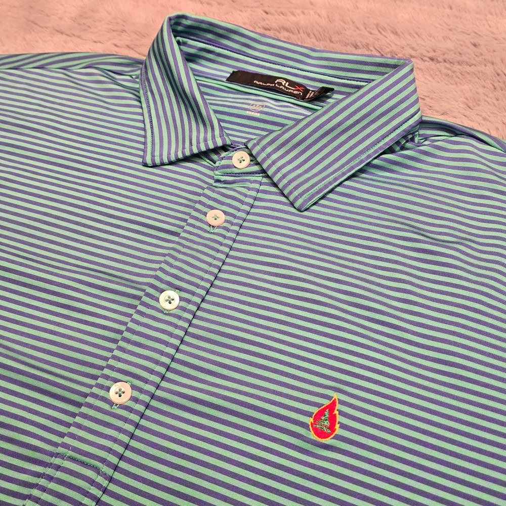 RLX‎ Ralph Lauren Mens Large Green Blue Striped Burning Tree Golf Club Polo